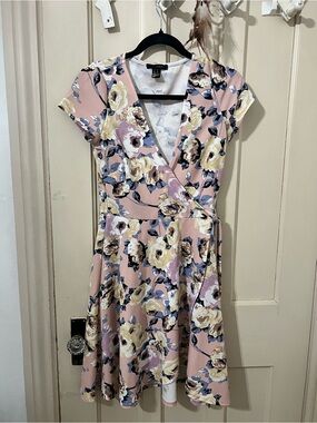 Revamped Pink Floral Wrap-Style Mini Dress
